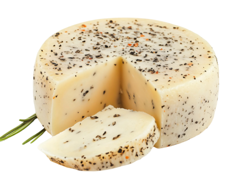 a round white cheese with black specks
