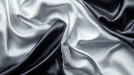 Fototapeta premium Elegant black and white silk fabric with soft folds and shiny texture.