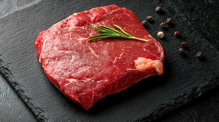 A raw steak with a sprig of rosemary on top, accompanied by black peppercorns.