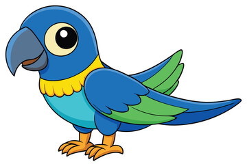 Cartoon Blue Parrot with Yellow Feathers and Orange Legs Standing Straight Upright