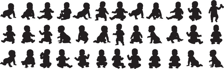Baby silhouette vector art collection cute infant toddler child crawling sitting playing design graphic bundle set