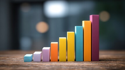 Colorful bar graph showing growth on a wooden surface with blurred background.