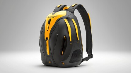 A futuristic backpack with a yellow and black design.