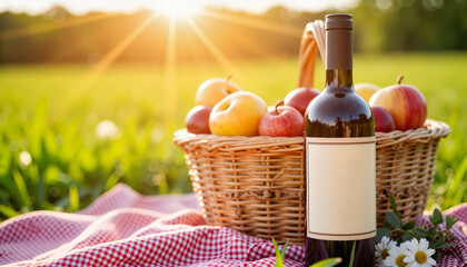 Rustic wine bottle with a traditional blank label in an outdoor picnic scene on a grassy field at sunrise