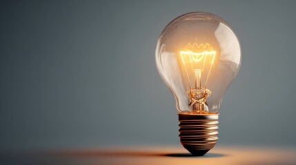 Lit lightbulb on a surface against a gray background.