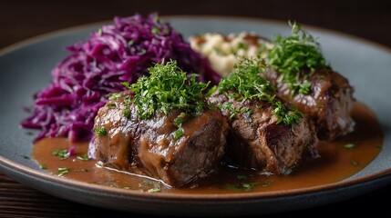 German Rouladen with red cabbage and mashed potato