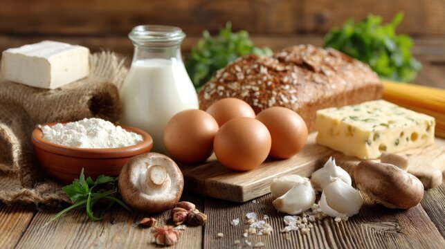 Assortment of food items including eggs milk bread cheese and mushrooms on wood. - Powered by Adobe