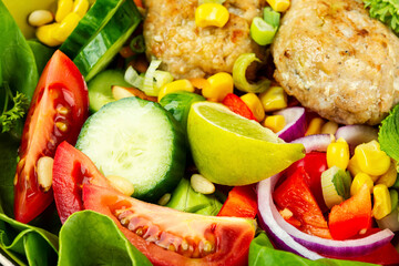 Healthy food concept with fried fish cutlets.
