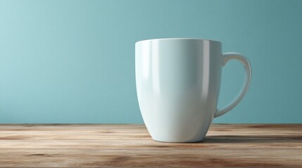 White mug on wooden surface against a blue background simple clean design.
