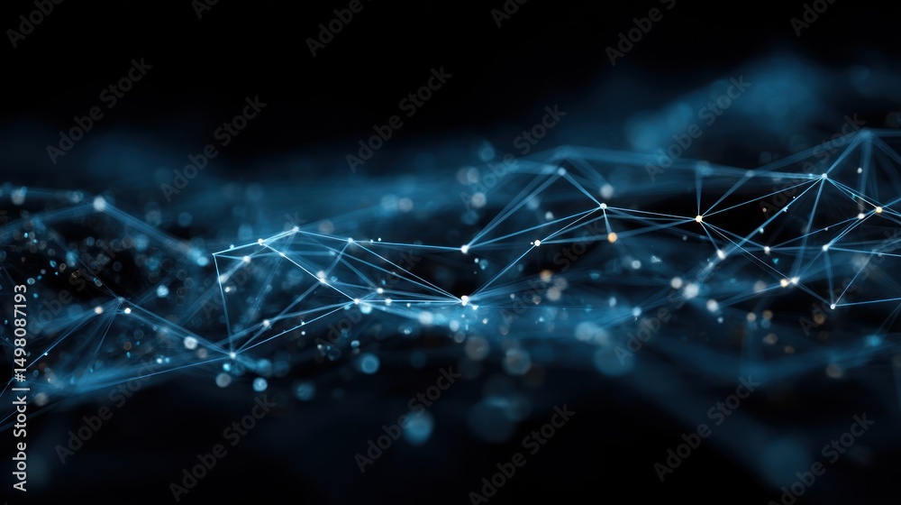 Poster abstract network of interconnected dots and lines on a dark background.