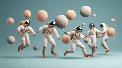 A group of astronauts in white suits and orange boots are floating in space, with planets and moons in the background.