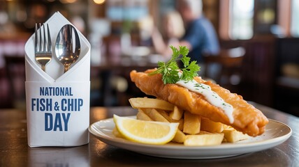 Fish and Chip Day, Classic British fish and chips with lemon and tartar sauce.