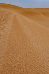 A view of a smooth desert dune against a blue sky