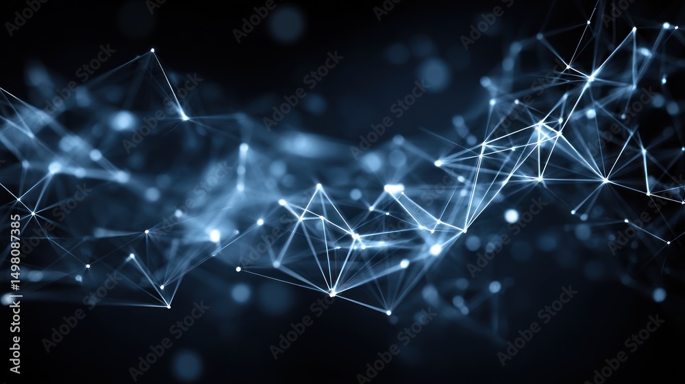 Poster abstract network of interconnected lines and dots on a dark background.