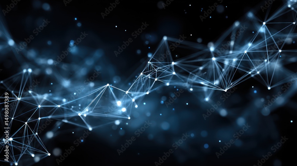 Poster abstract network connection background with glowing nodes and lines in dark space.