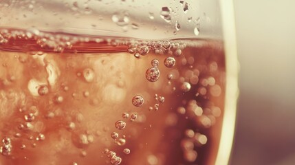 Close up of sparkling drink with bubbles, in a glass, on neutral background.