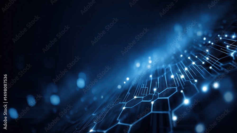 Poster abstract blue network with interconnected dots and lines representing technology or science.