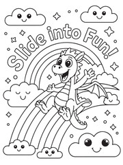Cheerful Cartoon Dragon Sliding Down Rainbow Coloring Page for Kids