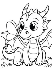 Gentle Baby Dragon Watching Butterfly Coloring Page for Preschoolers