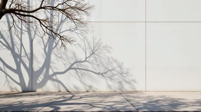 Tree shadow casting on white wall in minimalist urban environment  