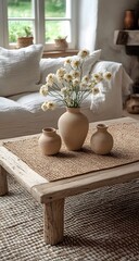 Rustic Table Setting with Earthen Vases and Daisies