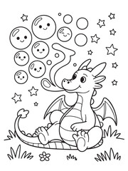Happy Dragon Blowing Bubbles Coloring Page with Stars and Grass
