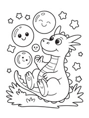 Happy Dragon Blowing Bubbles Coloring Page with Stars and Grass