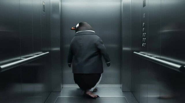 Penguin dressed in a suit walking in a modern elevator  