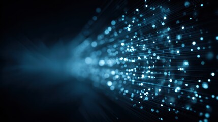 Fototapeta premium Fiber optics abstract blue light background with blurred motion and bokeh effects.
