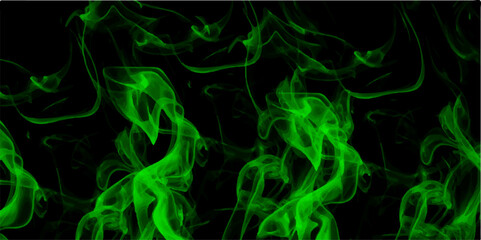 Abstract green wave of light on a black background. Abstract chemical green fire flame isolated on a black background. Line art illustration depicting green smoke illuminated against a dark background