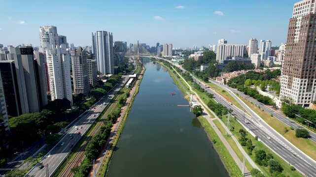 Marginal Pinheiros In Sao Paulo Brazil. Aerial View Of A Bustling Downtown Cityscape With Modern Buildings. Town Sky Background Backgrounds Urban. Town Panoramic. Sao Paulo Brazil.