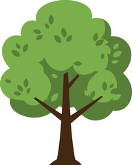 Minimal Flat Green Tree Vector Illustration with Wide Leaf Canopy and Brown Trunk on Transparent Background for Eco Nature and Environmental Designs