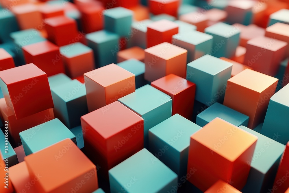 Poster abstract motion of red and blue cubes creating a dynamic visual effect in a threedimensional space, 