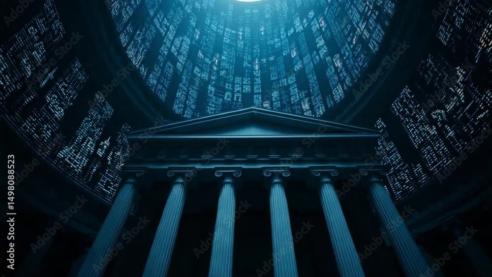 Poster Celestial Chamber: A stunning visual of a grandiose domed building with classical columns. The blue-toned illumination evokes a sense of mystique and architectural wonder.