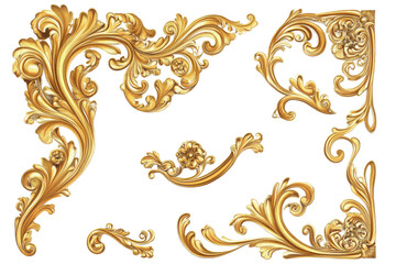Golden baroque ornament set isolated on transparent background