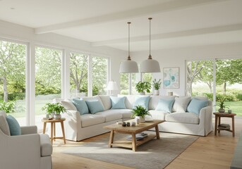 Fototapeta premium Bright living room with sectional sofa and natural light