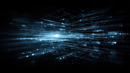 Abstract blue light streaks and dots on a black background creating a sense of speed.