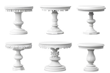Six white ornate pedestal tables isolated on transparent background
