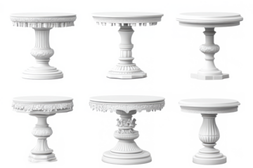 Six white ornate pedestal tables isolated on transparent background