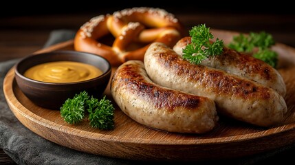 Grilled Weisswurst served with pretzel and mustard