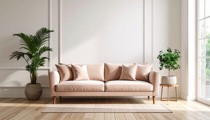 Modern velvet sofa with matching pillow set, sleek design, bright interior with wood flooring