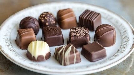 An assortment of gourmet chocolates presented on an elegant white plate.