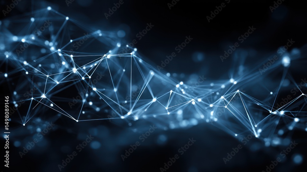 Poster abstract network of interconnected nodes and lines against a dark background.