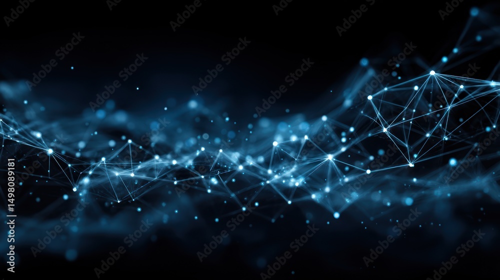 Poster abstract network of interconnected dots and lines on a dark background.