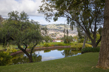 Beautiful landscape of Madeira showcasing lush gardens and serene waters under a cloudy sky