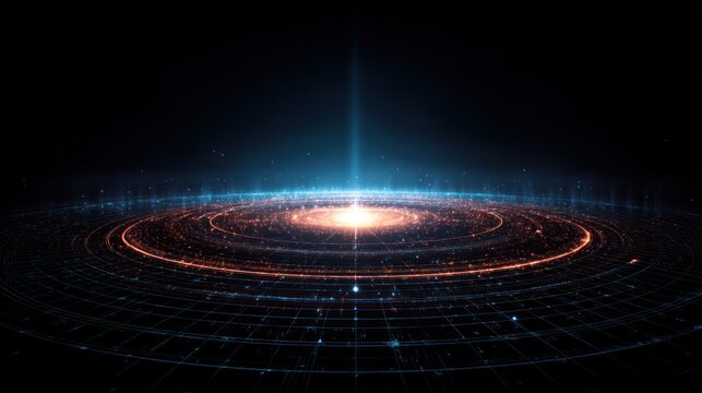 Abstract glowing light with concentric circles and a beam against a dark background.