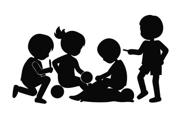 Silhouettes of Four Young Children Playing Together, Black and White Minimalist Graphic Illustration Featuring Playful and Childlike Shadows of Toddlers in Simple Design