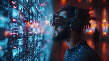 A person wearing a virtual reality headset exploring a futuristic digital landscape