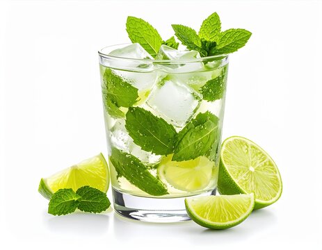 tudio photograph of mojito, mojito on a white background, delicious mojito with lime