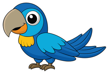 Cartoon Blue Parrot with Yellow Feathers, Beige Beak, and Large Black Eye